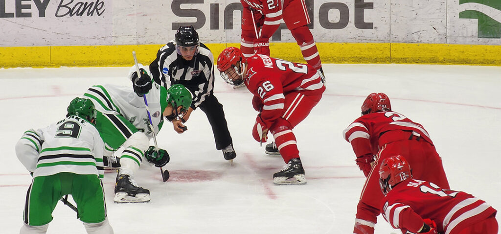 hockey teams, one red, other green playing on the ice