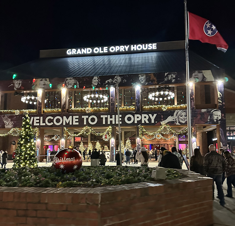 Outside at night facing the Grand Ole Opry Building