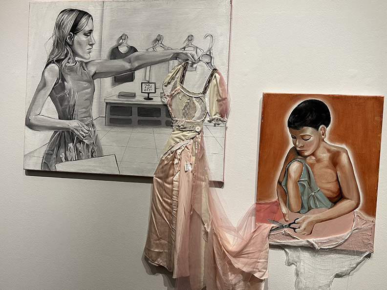 An ink drawing of a young lady holding a hanger of a pink dress connected to the next photo of a lady sewing