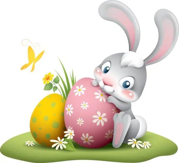 cartoon of an easter bunny with a pink egg.