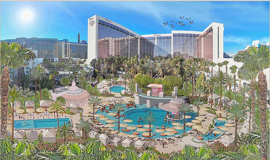 aireal view of the Flamingo Hotel's new outdoor swimming pool