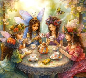4 fairies drinking tea 