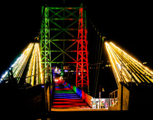 Christmas lights on a bridge