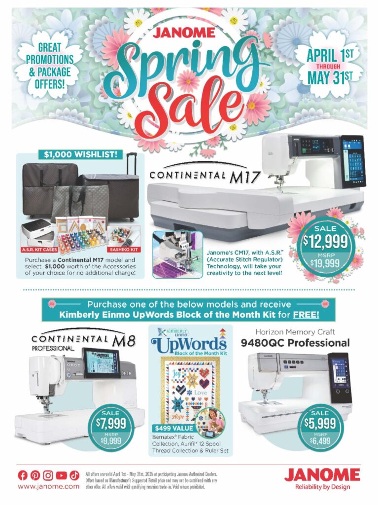 Sewing machine sale flyer with pictures of Janome sewing machines