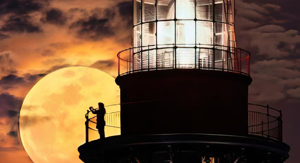 someone standing on a lighthouse infront of a nightime scene. The moon is large.