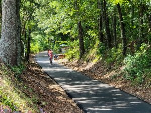 Swamp Rabbit Trail. A paved trail with bike riders in the distance and trees on both sides.