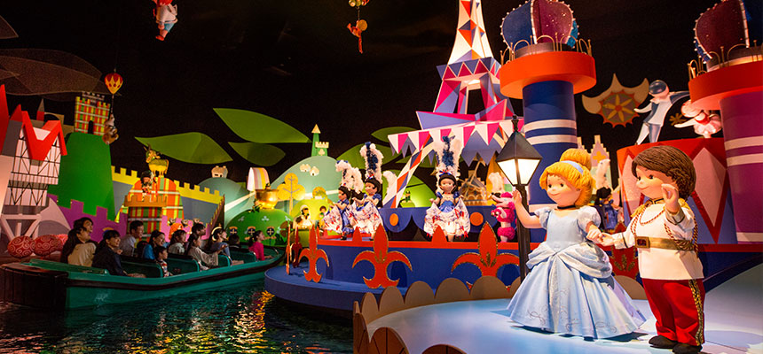 an indoor scene from the disney ride "It's A Small World"