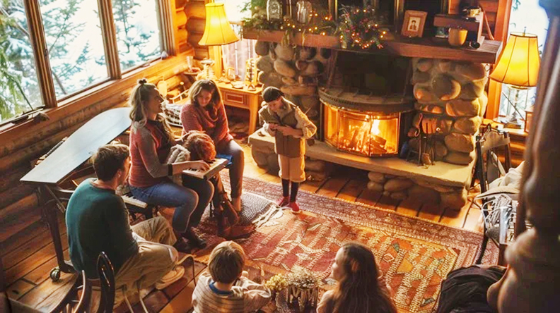 Family relaxing in front of firelit fireplace in a cozy cabin setting