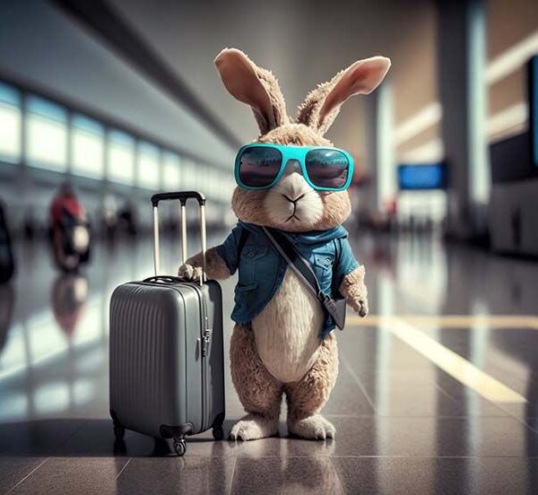 Easter Bunny Traveling with a suitcase and sunglasses