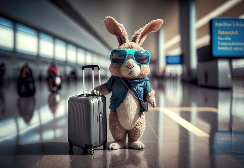 Easter Bunny Traveling with a suitcase and sunglasses