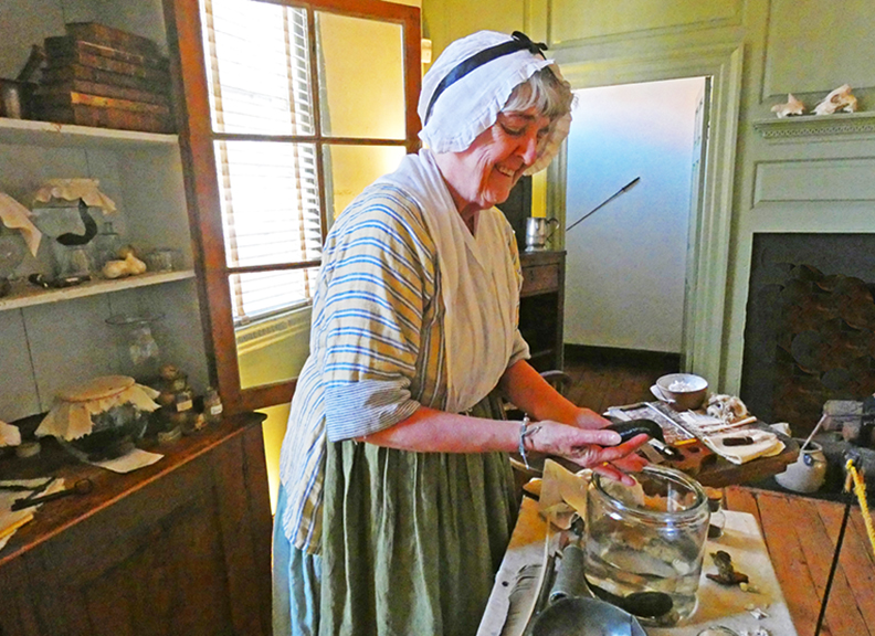a lady in colonial dress and hat working at a table with in an apothocary