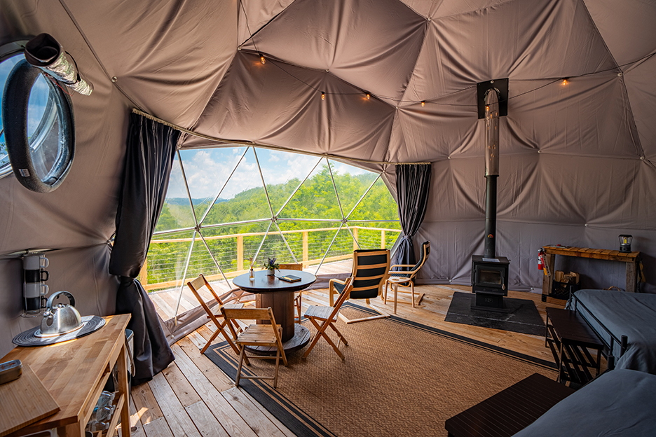 Inside a glamping dome at Laurel Highlands