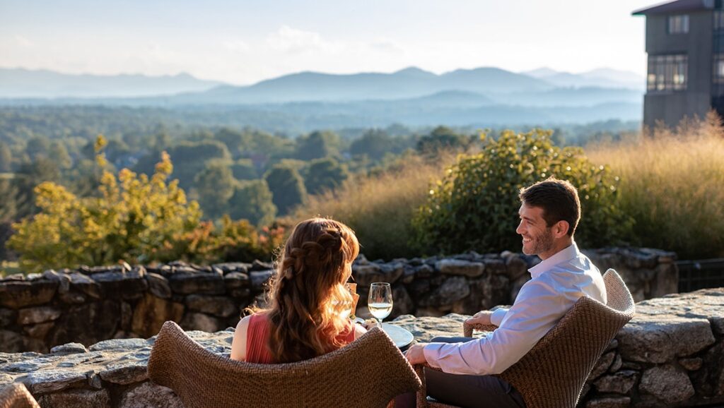 A couple dining outdoors on a porch overlooking the Blue Ridge Mountains and a lake or river.