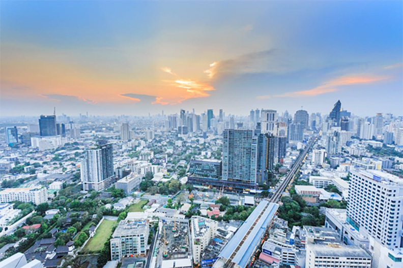 Outdoor aerial view of the city of bangkok at sunrise