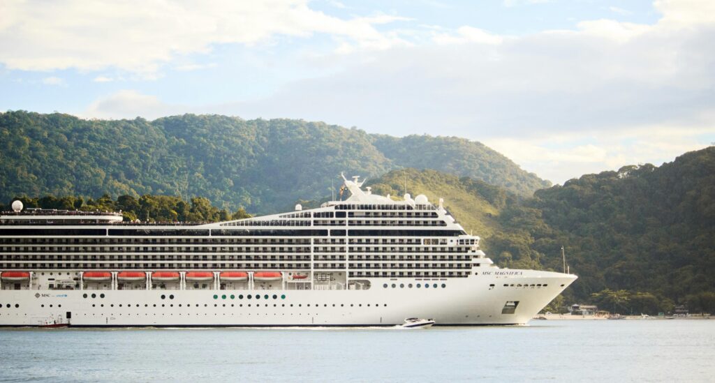 huge white cruise ship on the water with mountain backdrop
