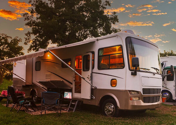 An RV setup during sunset