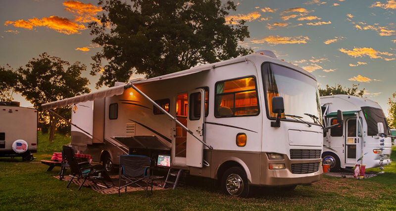 An RV setup during sunset