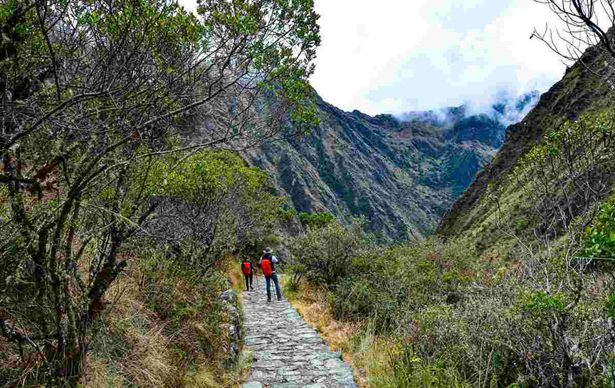 two men walking through a valley on a flat rock pathway