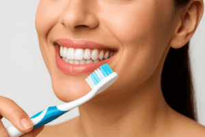 Close up of someone's face and toothbrush