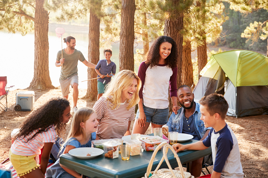 Group camping among trees and sitting around a table ready for lunch.
