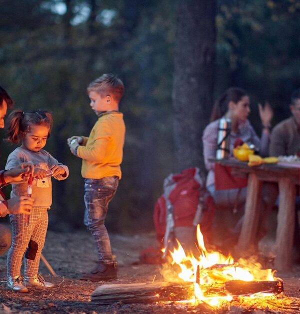 family outside around a campfire
