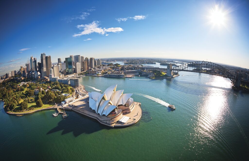 aerial view of Sydney Australia and lake with boats