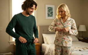 A couple putting on pajamas at the end of the day
