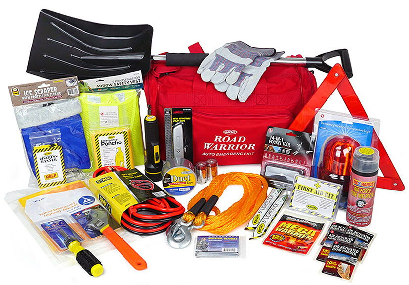 a collection of car care emergency items for a kit