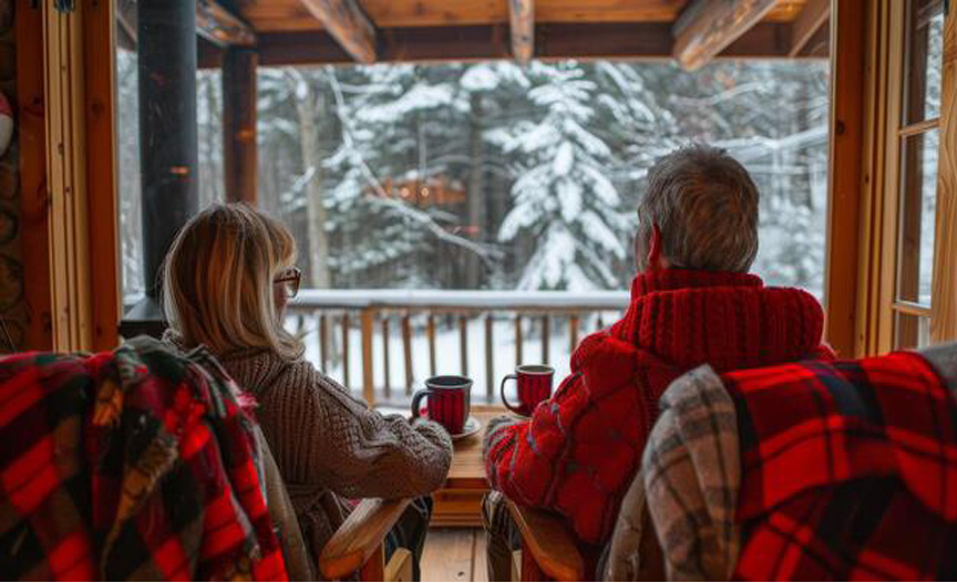 A couple looking out of a cozy cabin