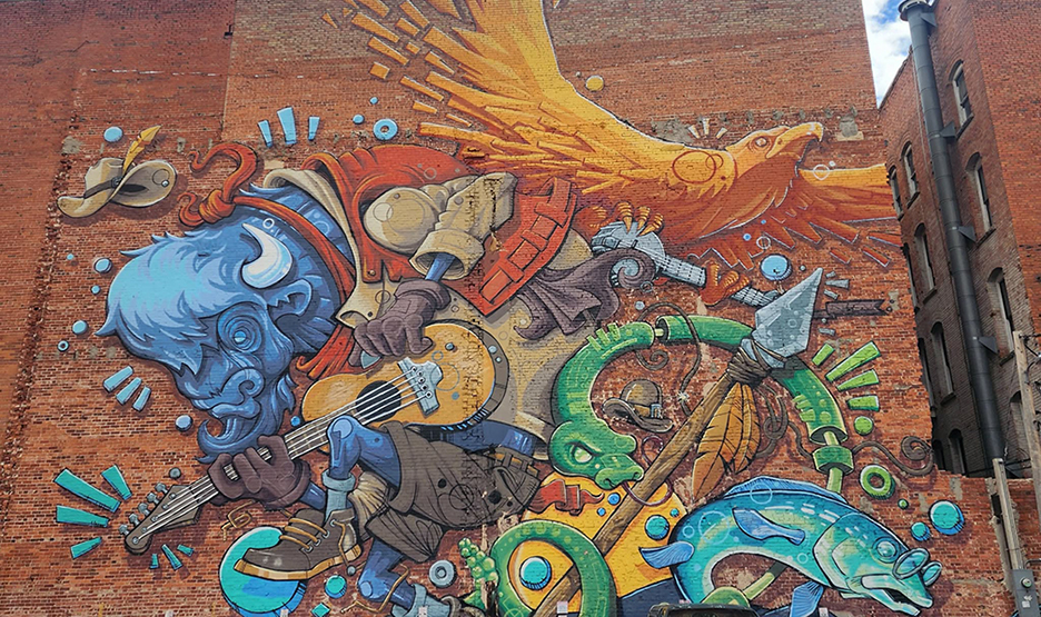 a brighly colord art painting like a cartoon drawn animals