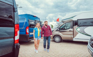 A couple considering renting an RV