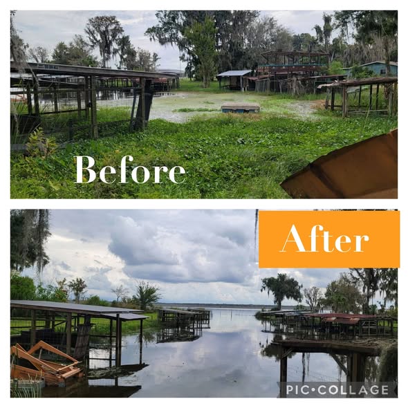 a before and after photo of a lake dock when cleaned up and yard trimmed