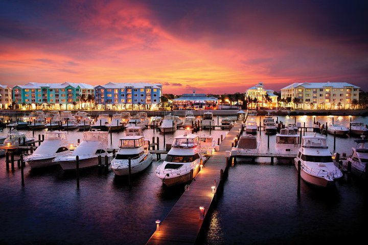 a ow of ships parked at water's edge at sunset with dark pink sky