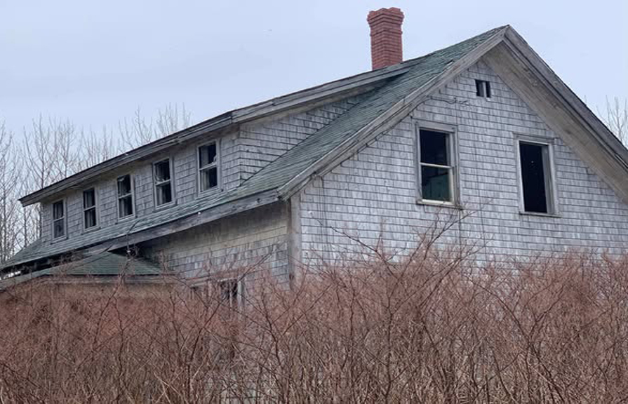 A rundown, paintstripped house with overgrown grass around it