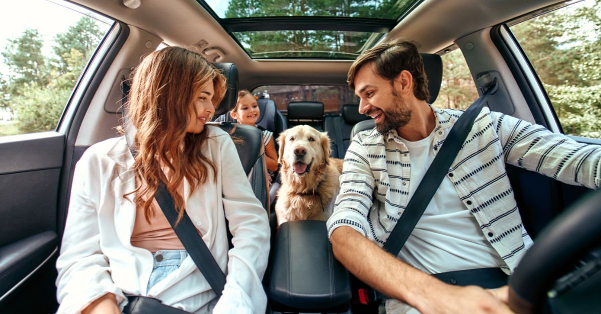Family in the car with their dog