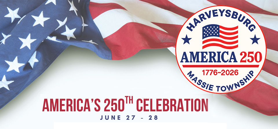 American flag waving over the title USA 250 Celebration 