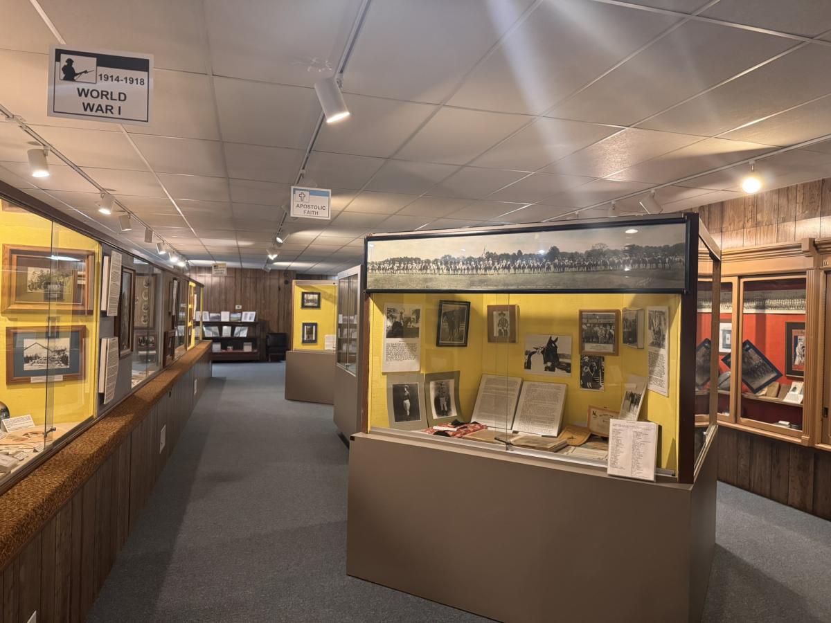 a museum room with glass cases housing artifacts