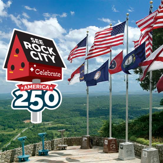 A birdhouse with Rock City listed on the roof, standing beside severa US flags on poles