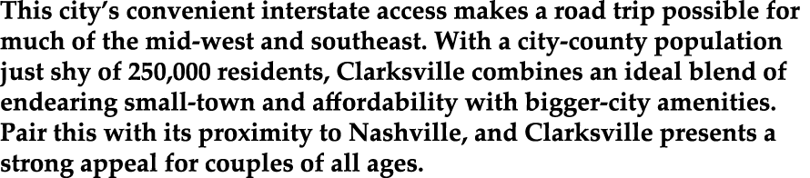 This city’s convenient interstate access makes a road trip possible for much of the mid west and southeast. With a ci...