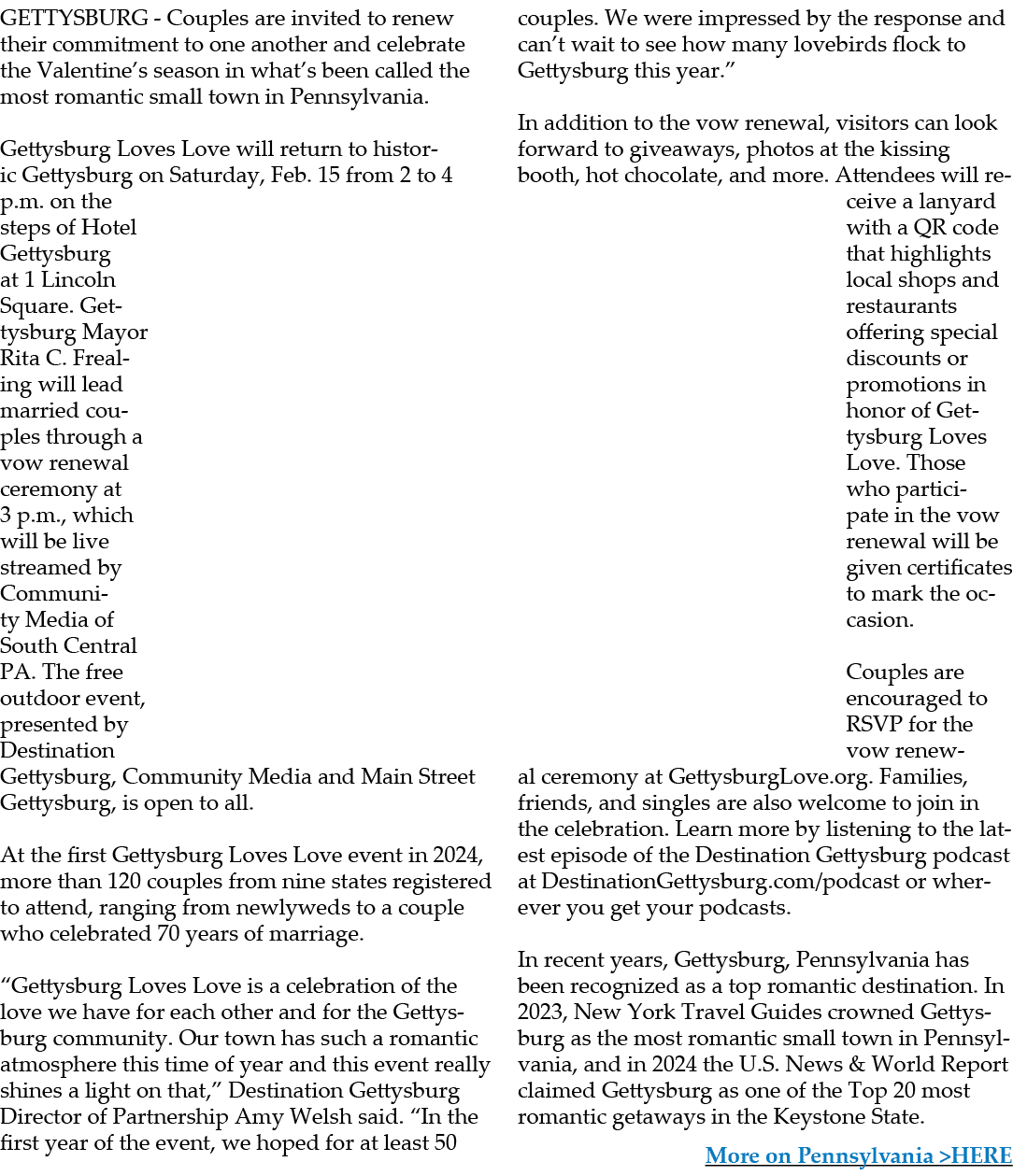 GETTYSBURG Couples are invited to renew their commitment to one another and celebrate the Valentine’s season in what’...