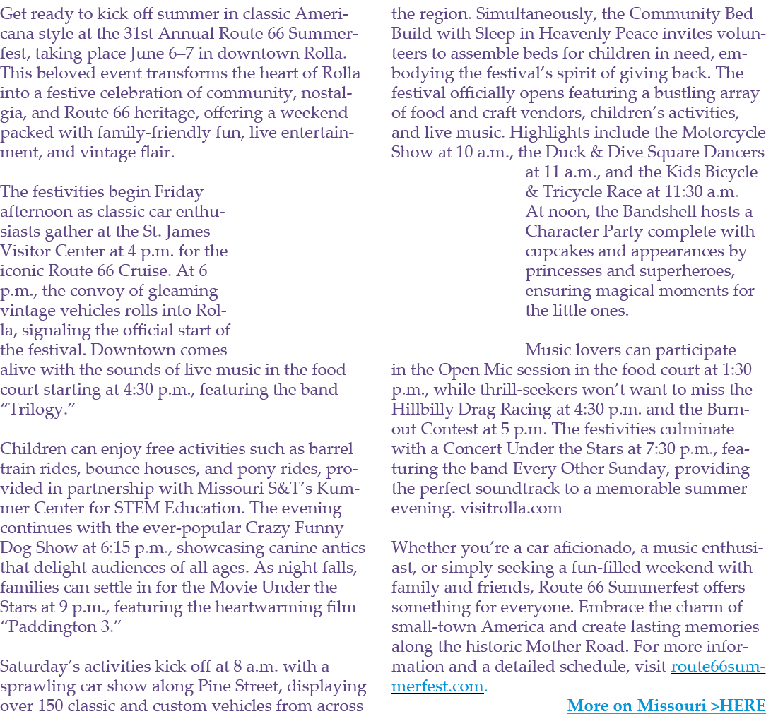 Get ready to kick off summer in classic Americana style at the 31st Annual Route 66 Summerfest, taking place June 6–7...