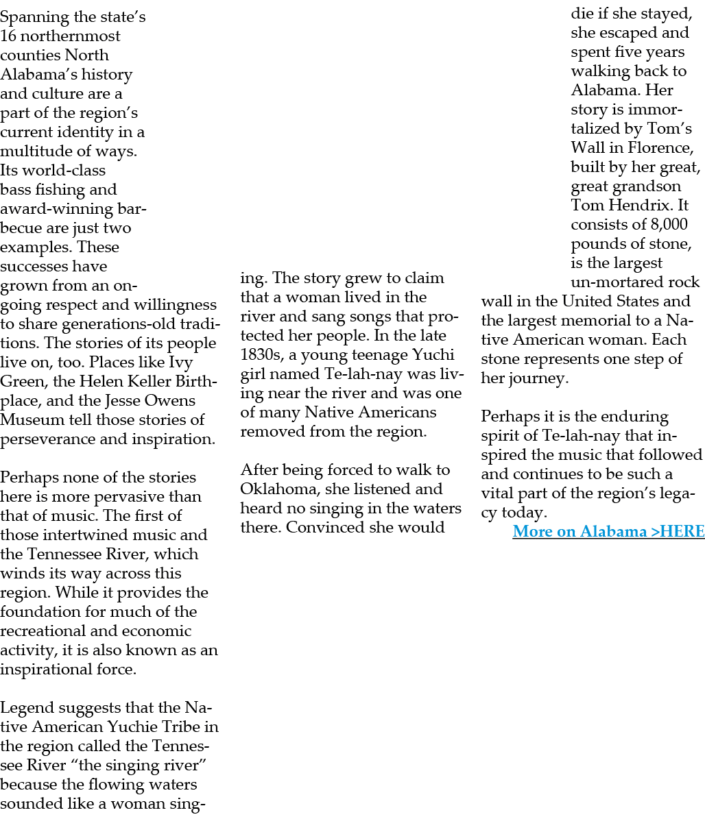 Spanning the state’s 16 northernmost counties North Alabama’s history and culture are a part of the region’s current ...