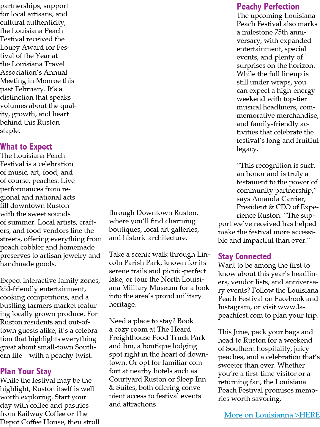 partnerships, support for local artisans, and cultural authenticity, the Louisiana Peach Festival received the Louey ...