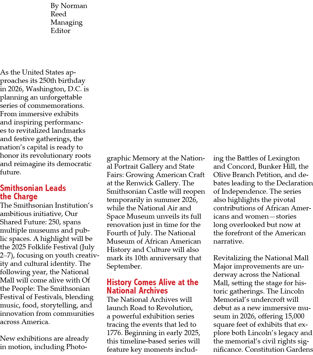 By Norman Reed Managing Editor As the United States approaches its 250th birthday in 2026, Washington, D.C. is planni...