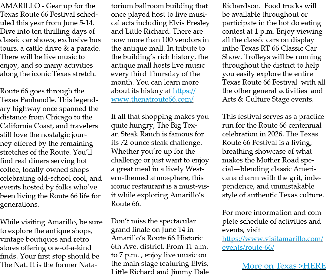 AMARILLO Gear up for the Texas Route 66 Festival scheduled this year from June 5 14. Dive into ten thrilling days of ...
