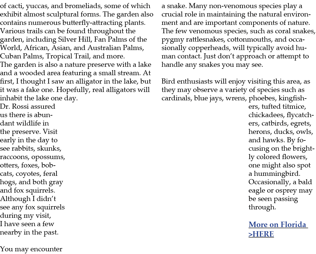 of cacti, yuccas, and bromeliads, some of which exhibit almost sculptural forms. The garden also contains numerous bu...