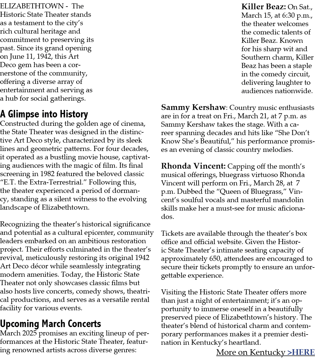 ELIZABETHTOWN The Historic State Theater stands as a testament to the city’s rich cultural heritage and commitment to...