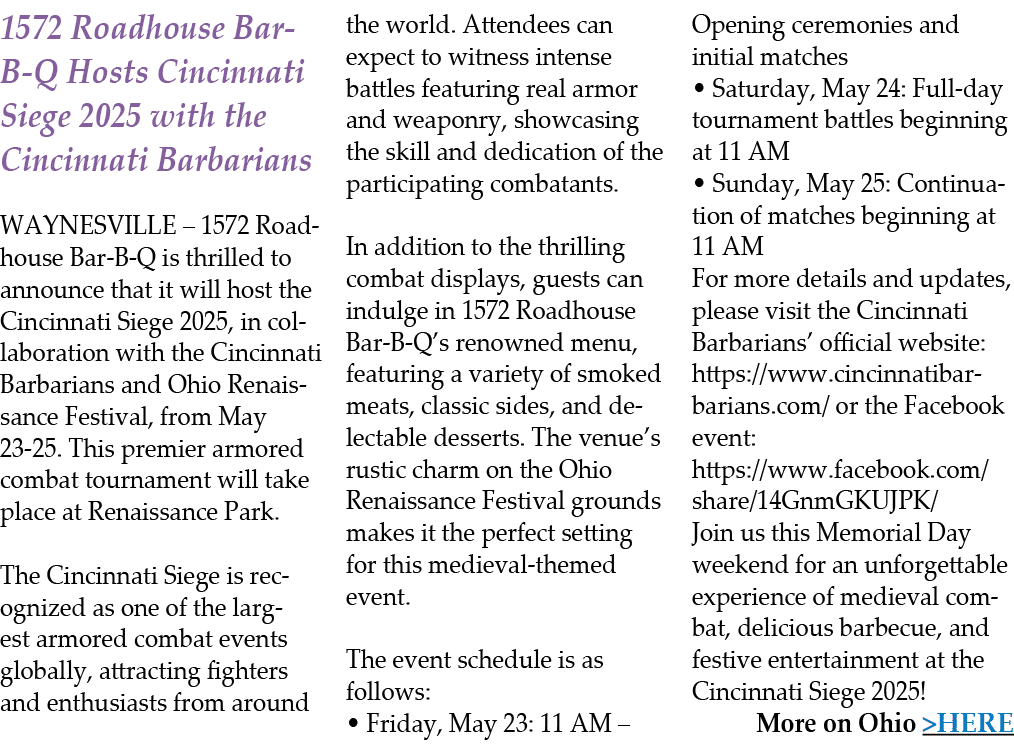 1572 Roadhouse Bar B Q Hosts Cincinnati Siege 2025 with the Cincinnati Barbarians WAYNESVILLE – 1572 Roadhouse Bar B ...