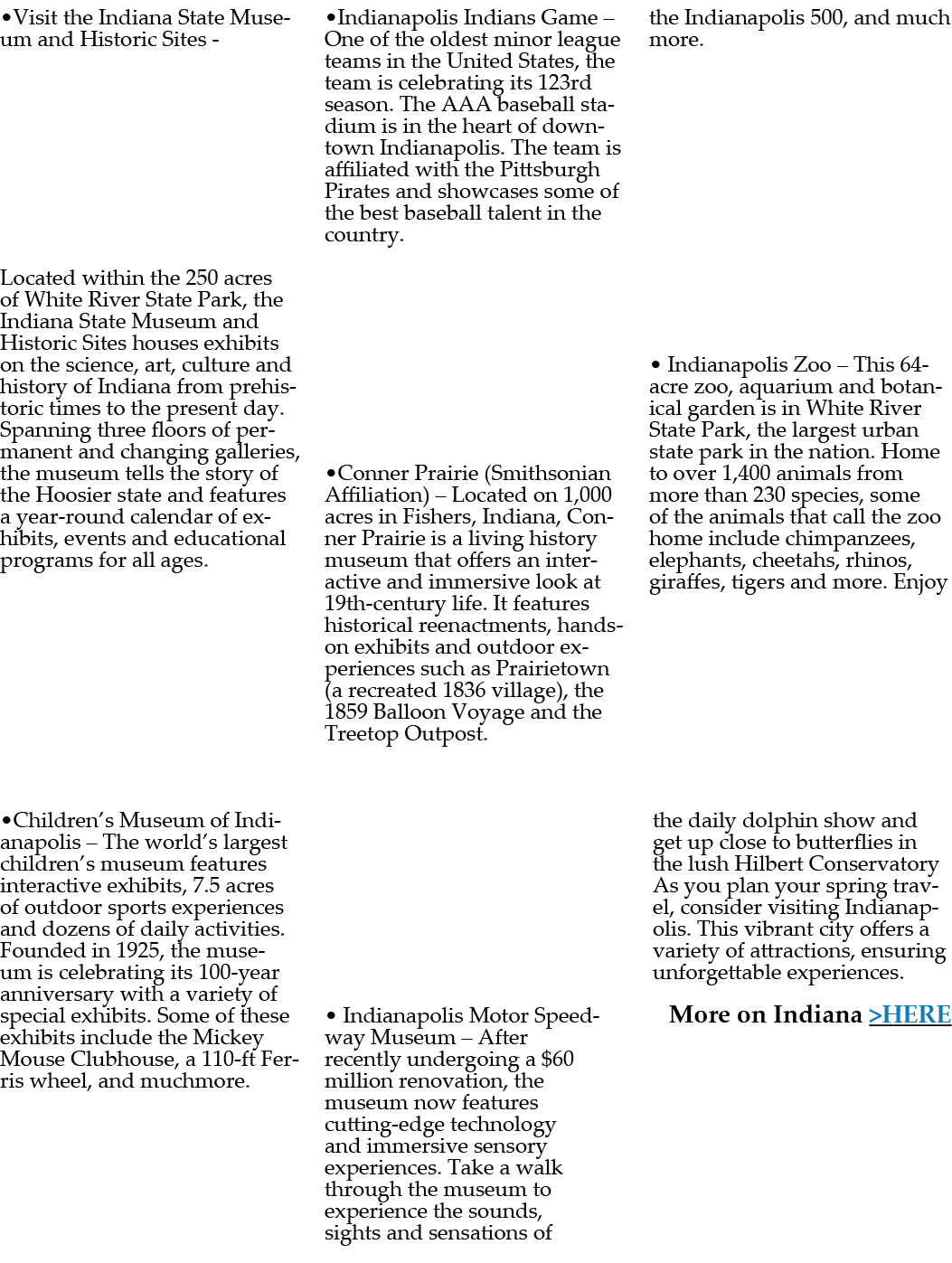 •Visit the Indiana State Museum and Historic Sites Located within the 250 acres of White River State Park, the Indian...