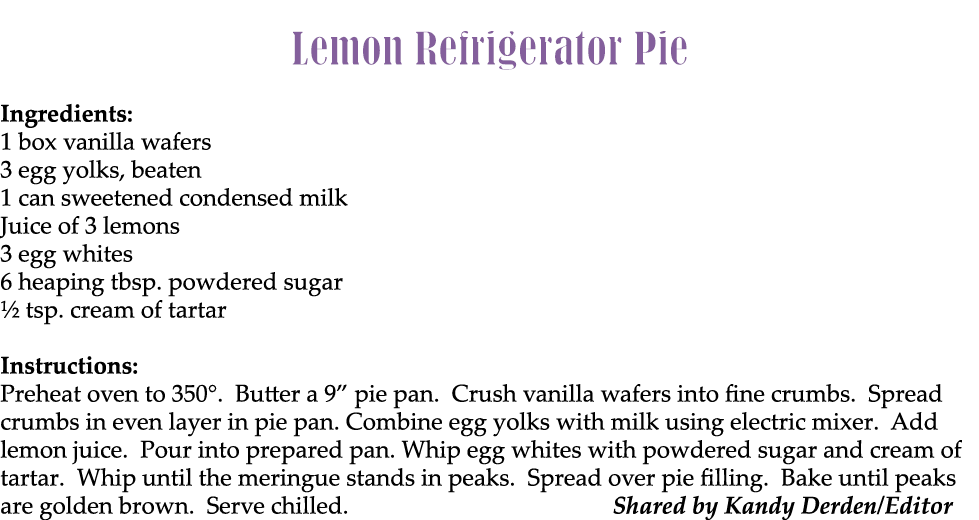 Lemon Refrigerator Pie Ingredients: 1 box vanilla wafers 3 egg yolks, beaten 1 can sweetened condensed milk Juice of ...